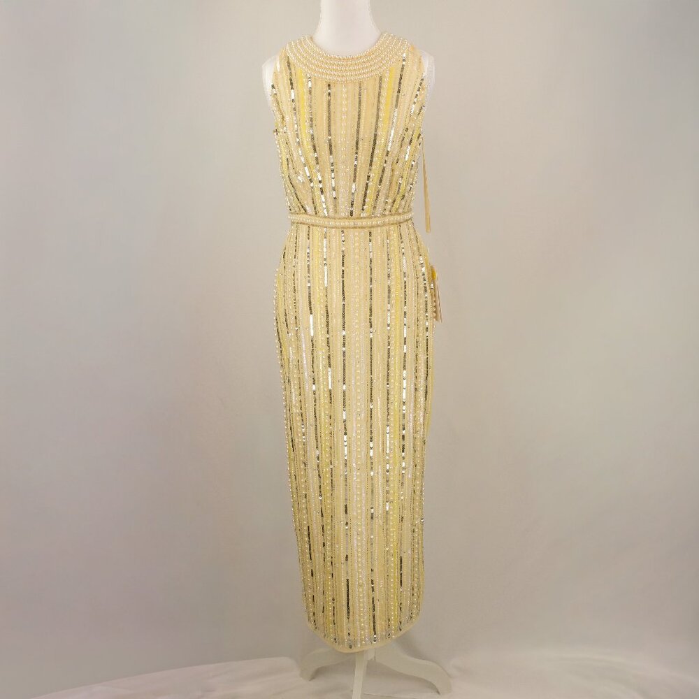 MacDuggal Yellow Pearl Embellished Halter Neckline Sheath Midi Dress, Yellow